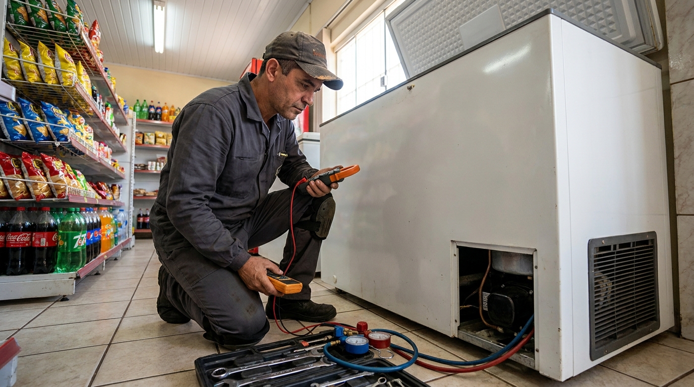 Reparo da placa eletrônica de um freezer em atendimento em Maringá‑PR