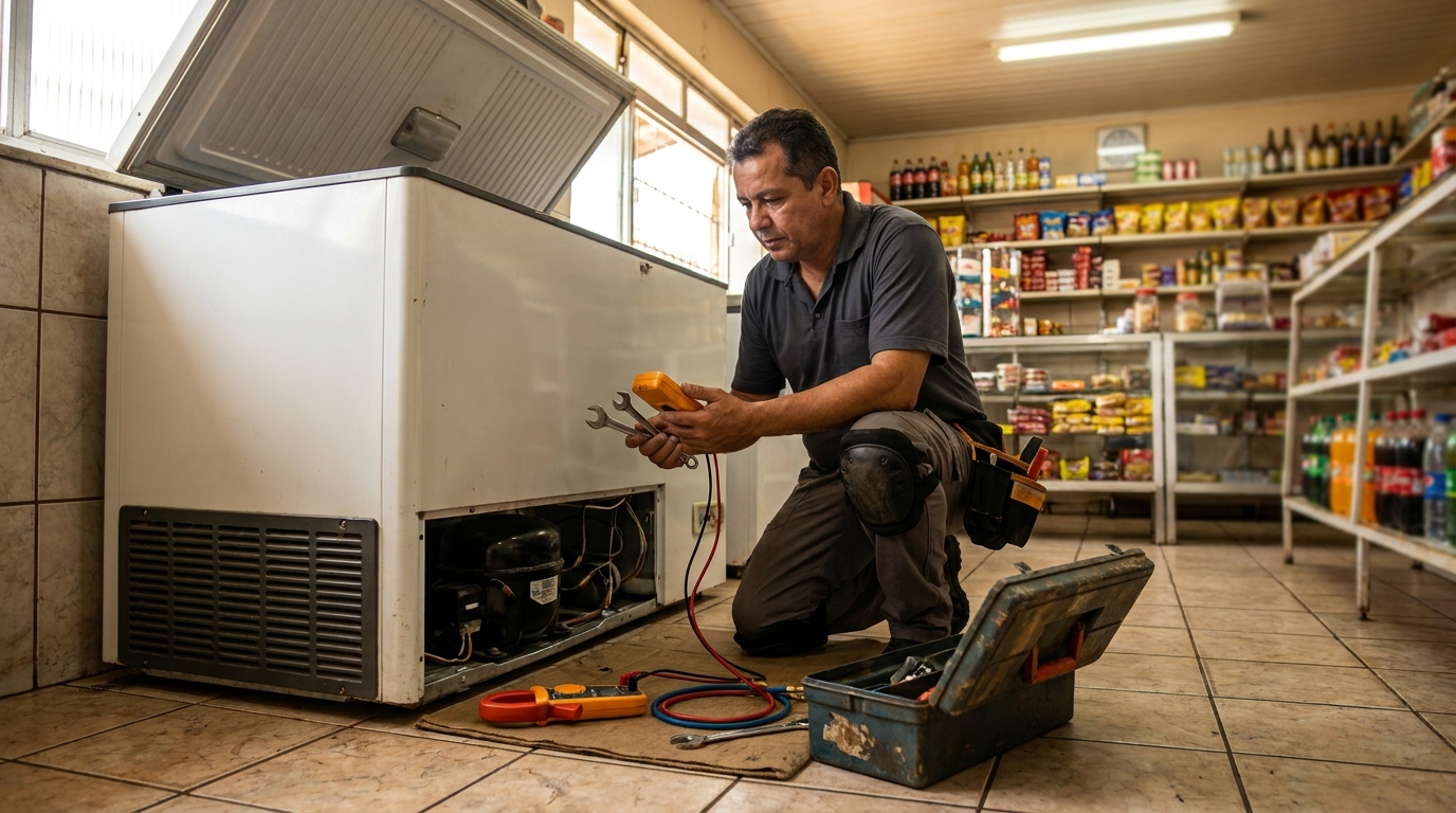Técnico reparando o motor de um freezer horizontal em Maringá‑PR