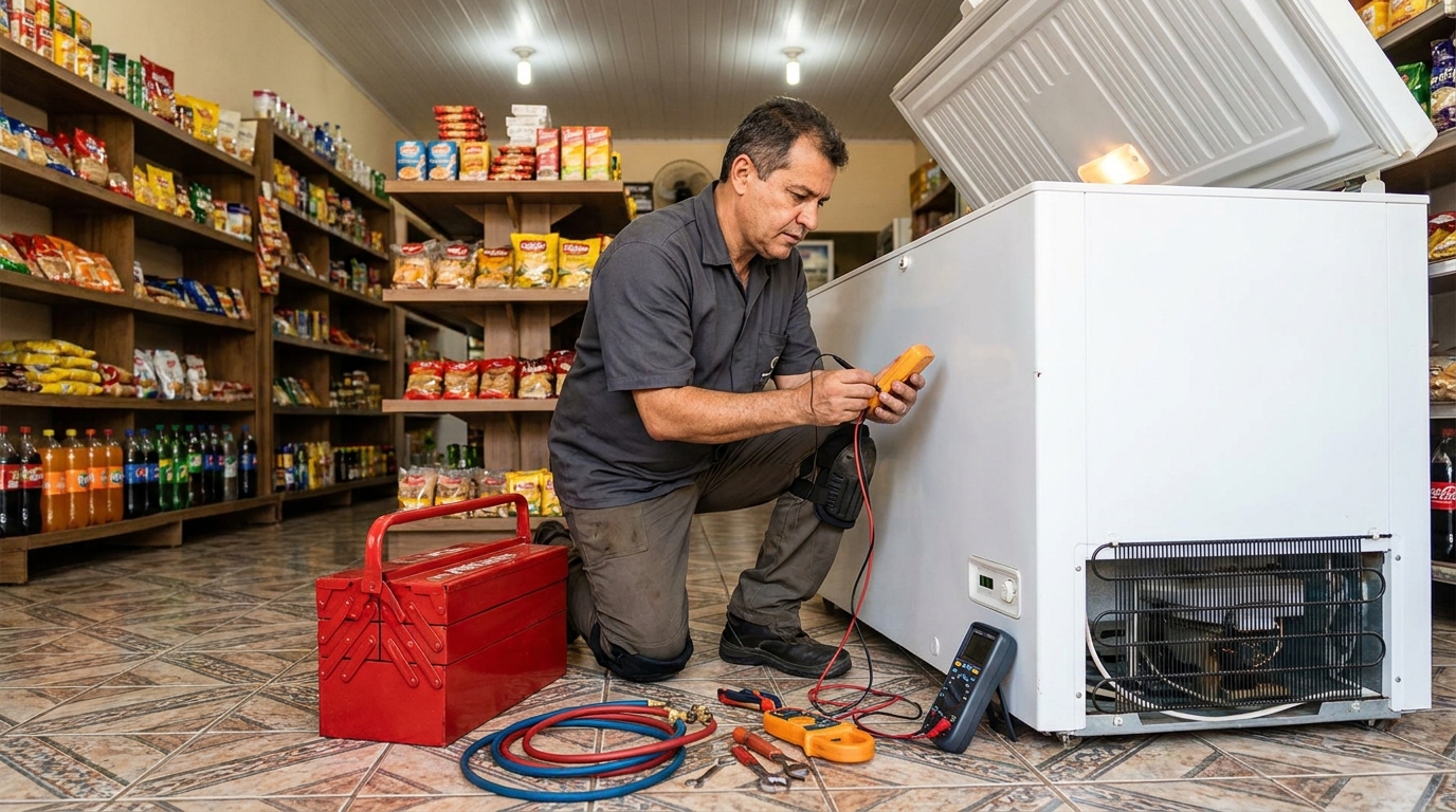 Manômetro conectado ao circuito durante recarga de gás de freezer em Maringá‑PR