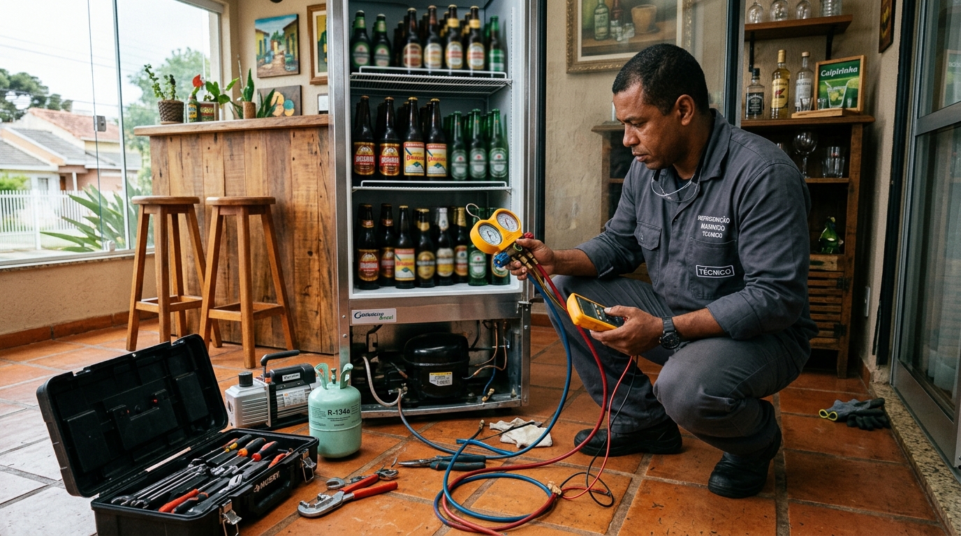 Técnico conferindo a temperatura de uma cervejeira durante atendimento em Maringá‑PR