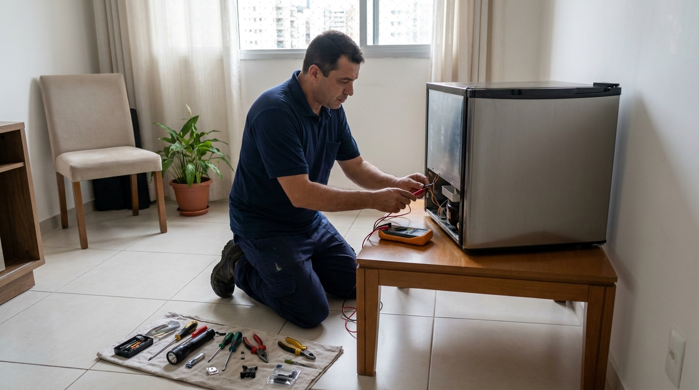Técnico avaliando um frigobar compacto durante atendimento em Maringá‑PR